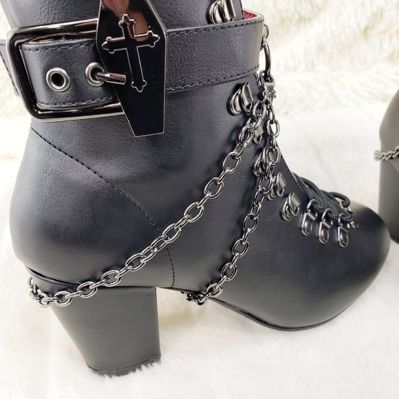 Vivika Goth Granny Ankle Boots Coffin Straps & Chain - Picture 14 of 16